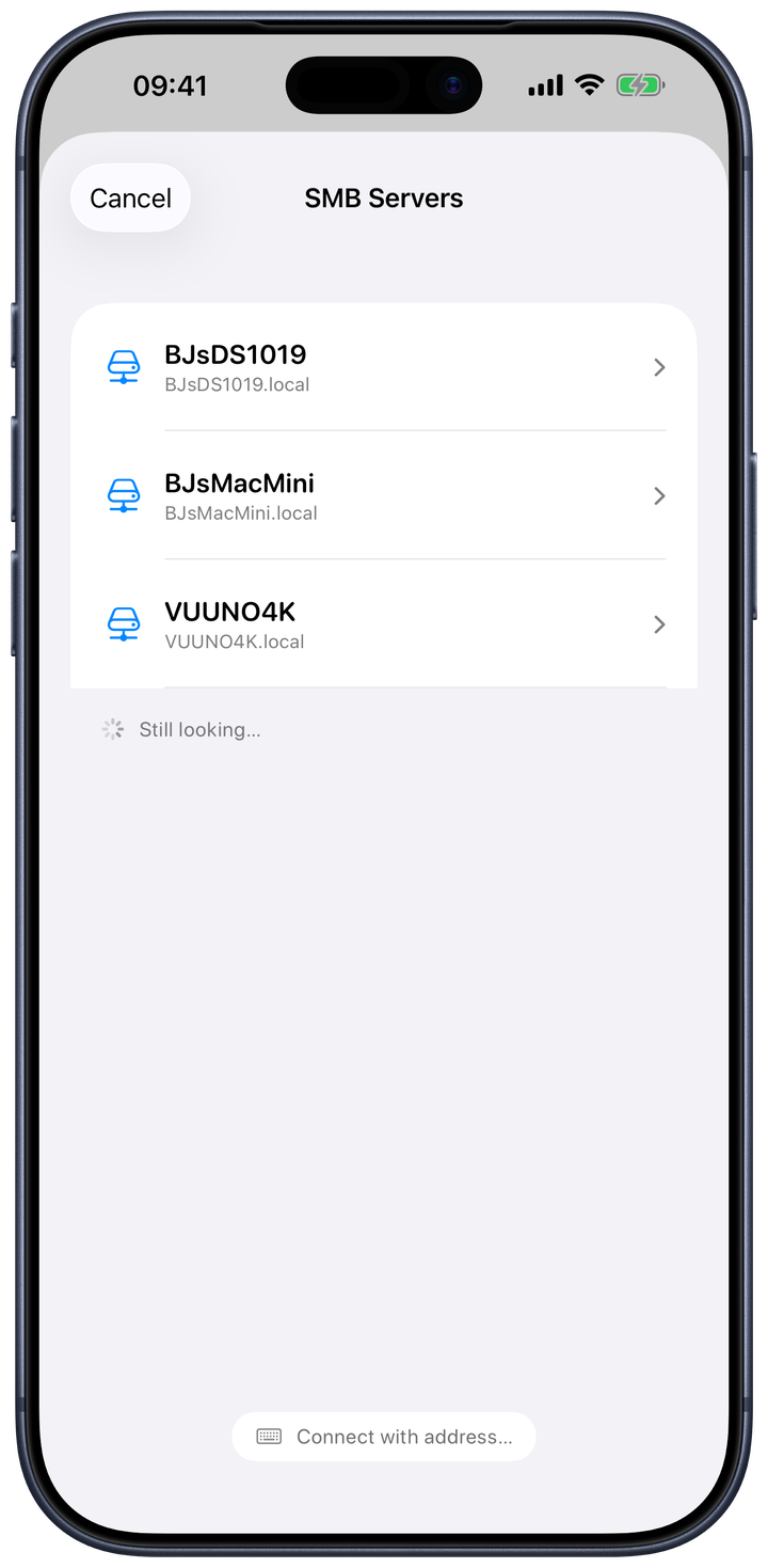 SMB server discovery in Loomey Viewer — Synology NAS and Mac shares found on the local network
