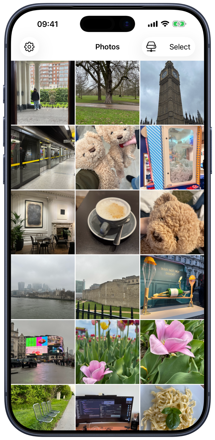 Loomey Viewer photo grid on iPhone, browsing a NAS photo archive over SMB